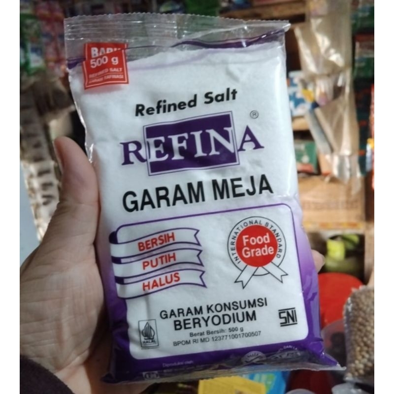 

Refina garam meja, garam konsumsi beryodium, garam masak, garam serbaguna