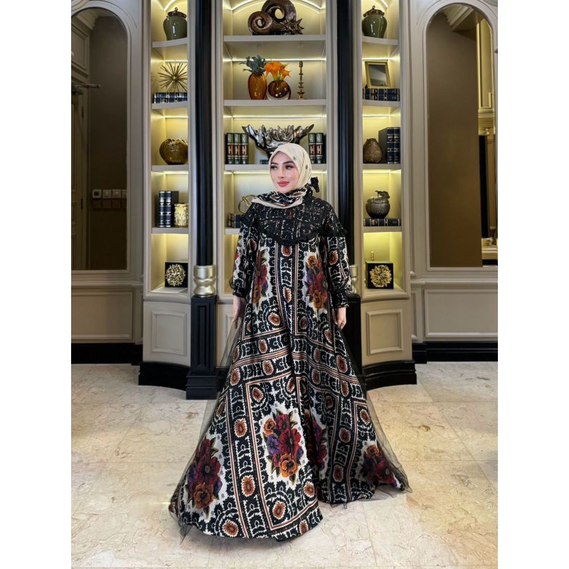 Gamis Set Hijab Etnik Tile Hitam