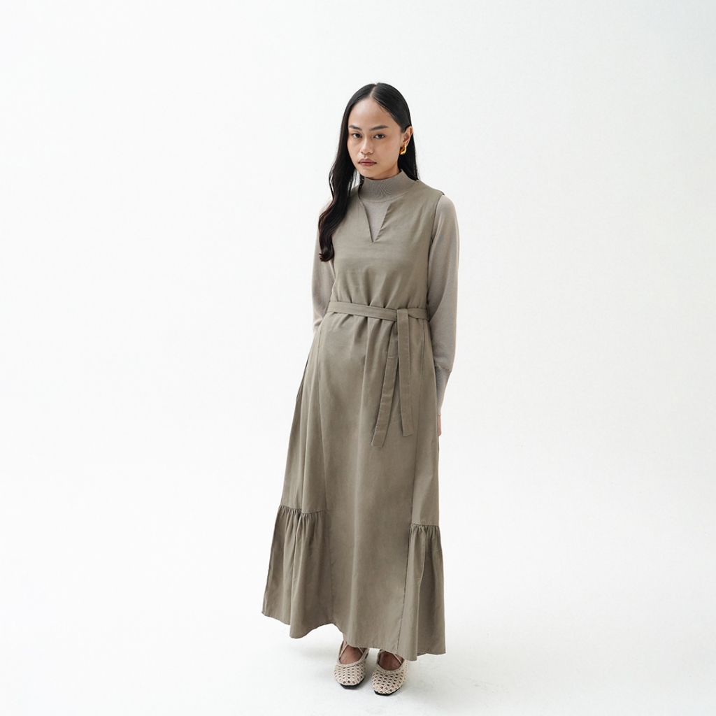 Queensland Loose V-Neck Dress Lengan Panjang LIN000548Q Olive