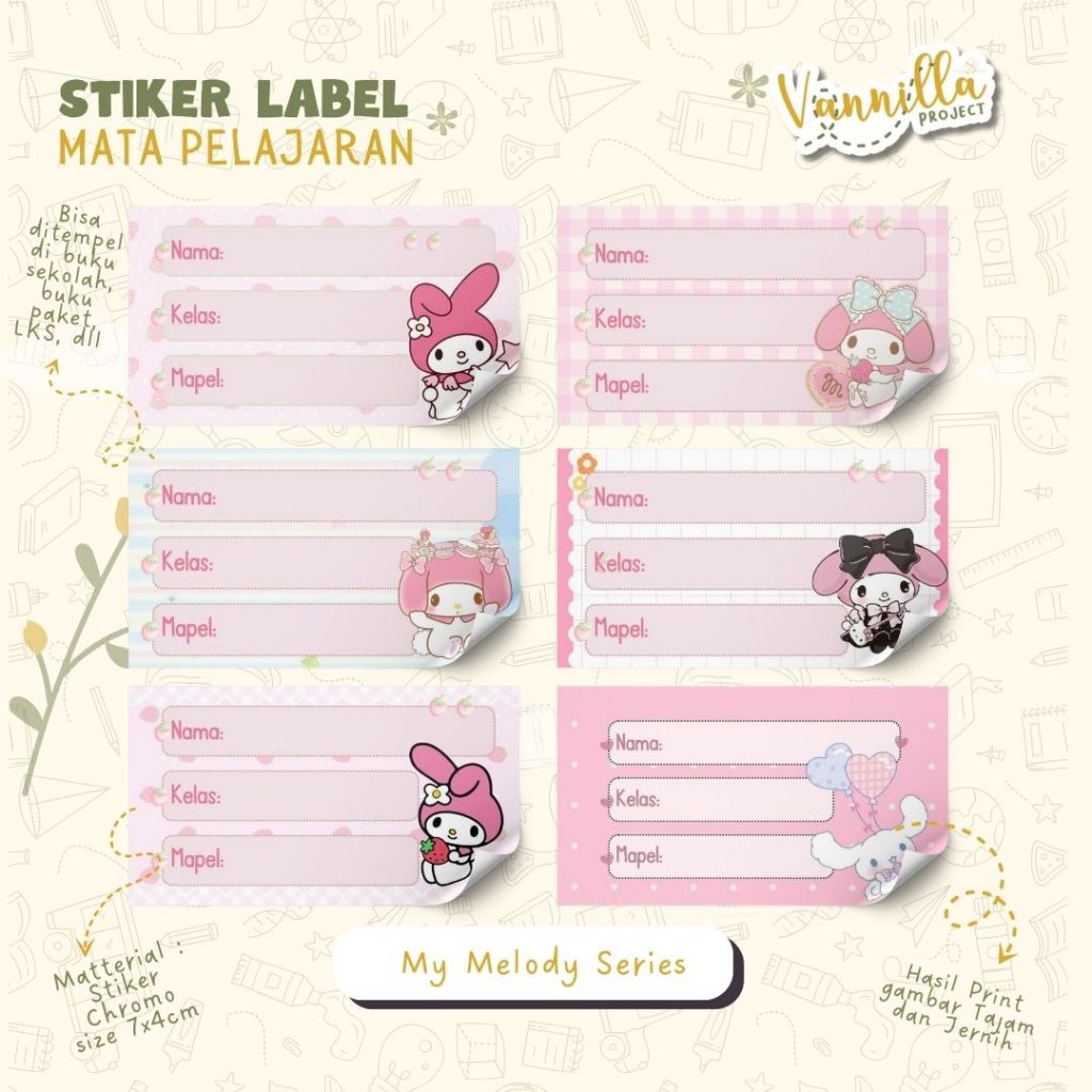 

40 PCS STIKER MATA PELAJARAN MY MELODY SANRIO STIKER LABEL NAMA SEKOLAH