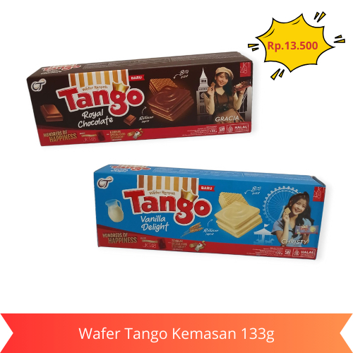 

Wafer Tango kemasan 133g Varian Rasa Royal Chocolate dan Vanilla Delight.