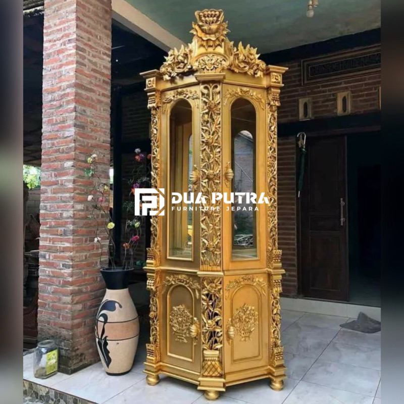 Bufet shima 2 pintu kayu jati ukir jepara finishing cat duco emas golf