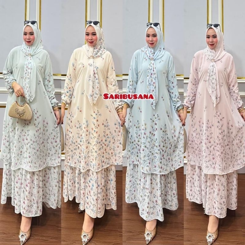 DINDA Dress Gamis Ceruty Malaysia Model Dua Layer Set Hijab Busui friendly Baju Kurung Mewah