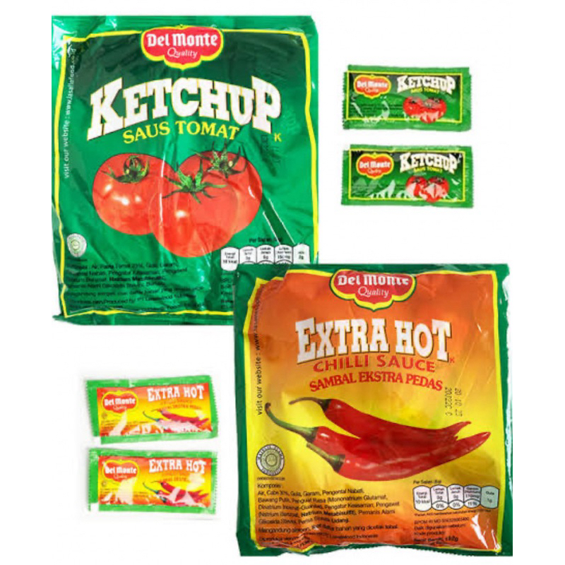 

delmonte saus tomat ketchup sachet saos sambal extra hot chili sauce