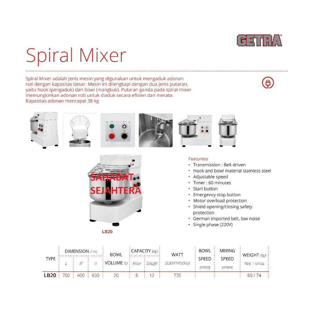 GETRA Spiral Mixer Roti Adonan Tepung LB20 | Mesin Pengaduk Adonan Kental Heavy Duty