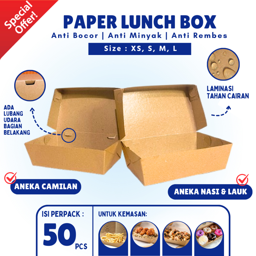 Paper Lunch Box M Kotak Packing Makanan isi 50pcs Box Coklat Laminasi Anti Bocor