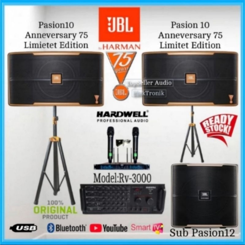 Set Paket Karaoke Speaker JBL Pasion10 Anneversary 75 Subwoofer 12 Inch Pasion12 Mic 2 Wireless Komp