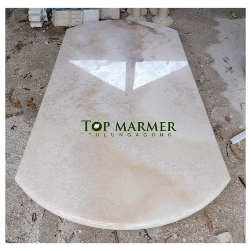 Top Table || Daun Meja Model Oval Batu Onix Putih Glossy Rapi Mengkilat - 100x180cm