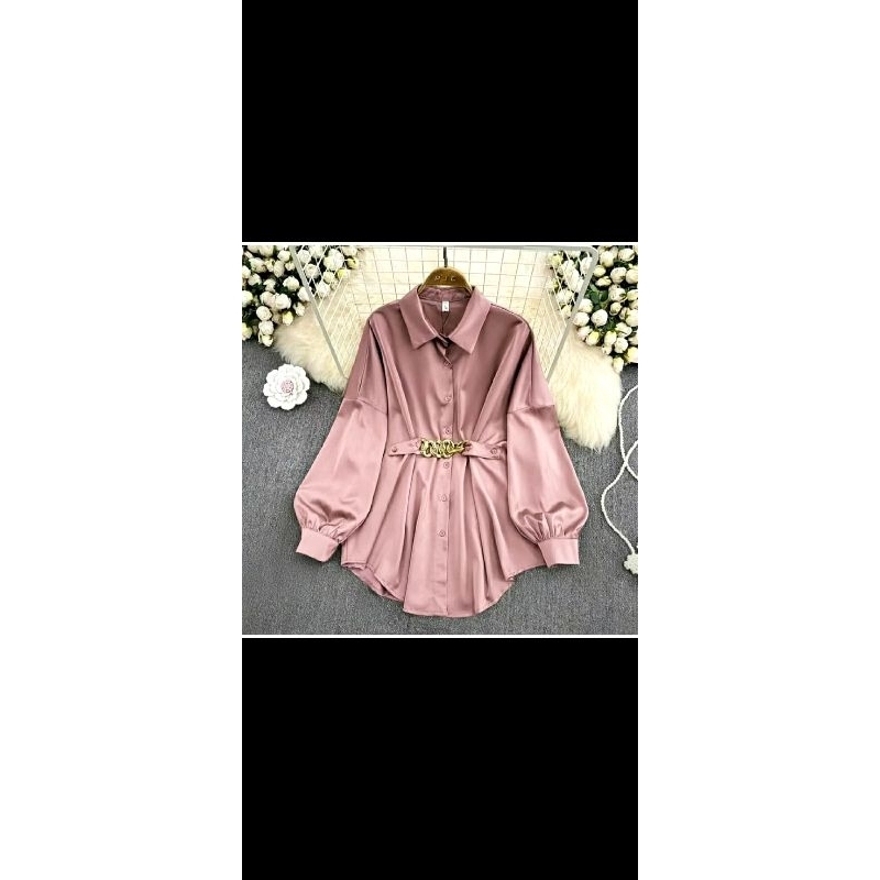 kemeja wanita polos motif rantai lengan panjang balon