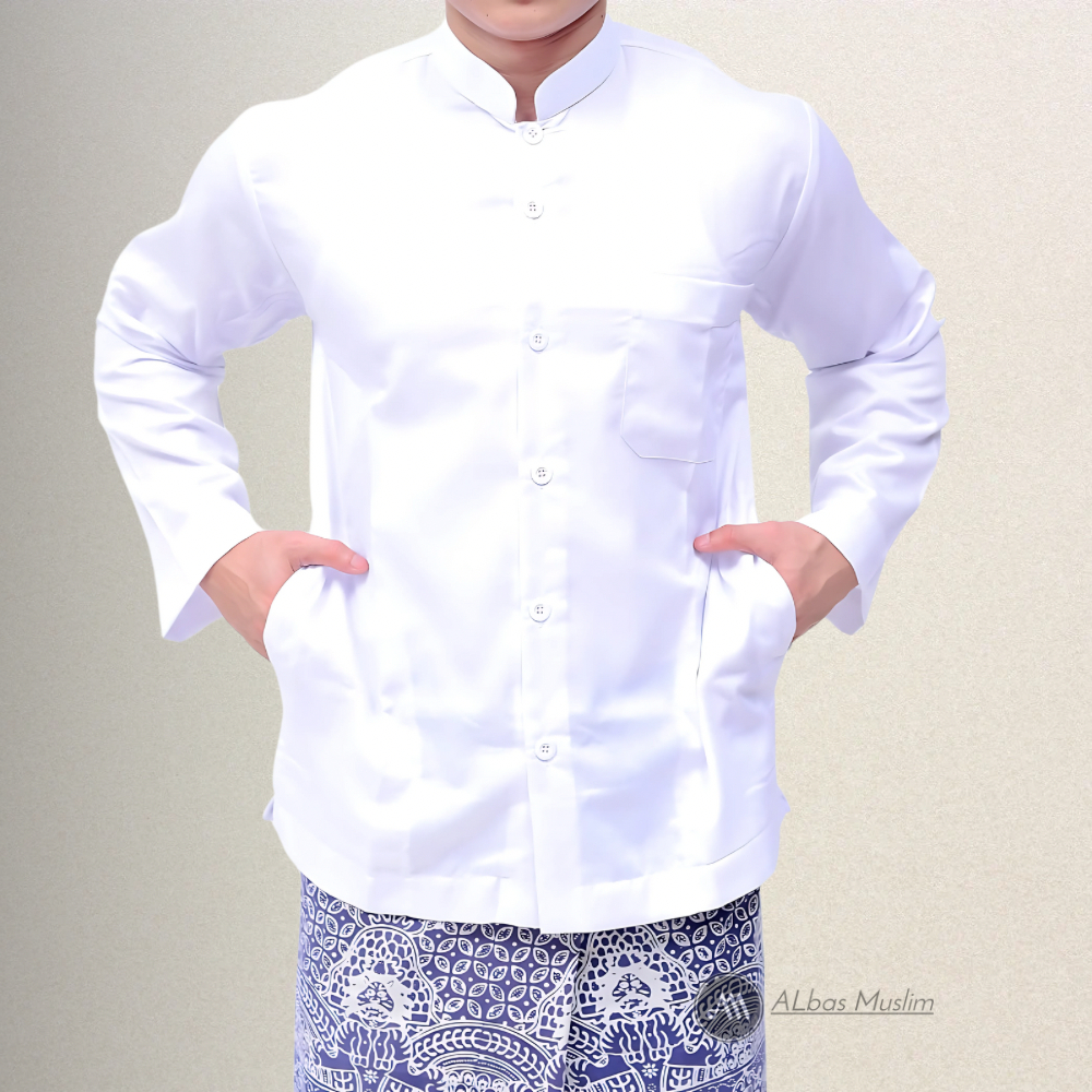 Baju Koko Pria Putih Tulang Cerah Lengan Panjang Toyobo Model Haibah Saku Samping