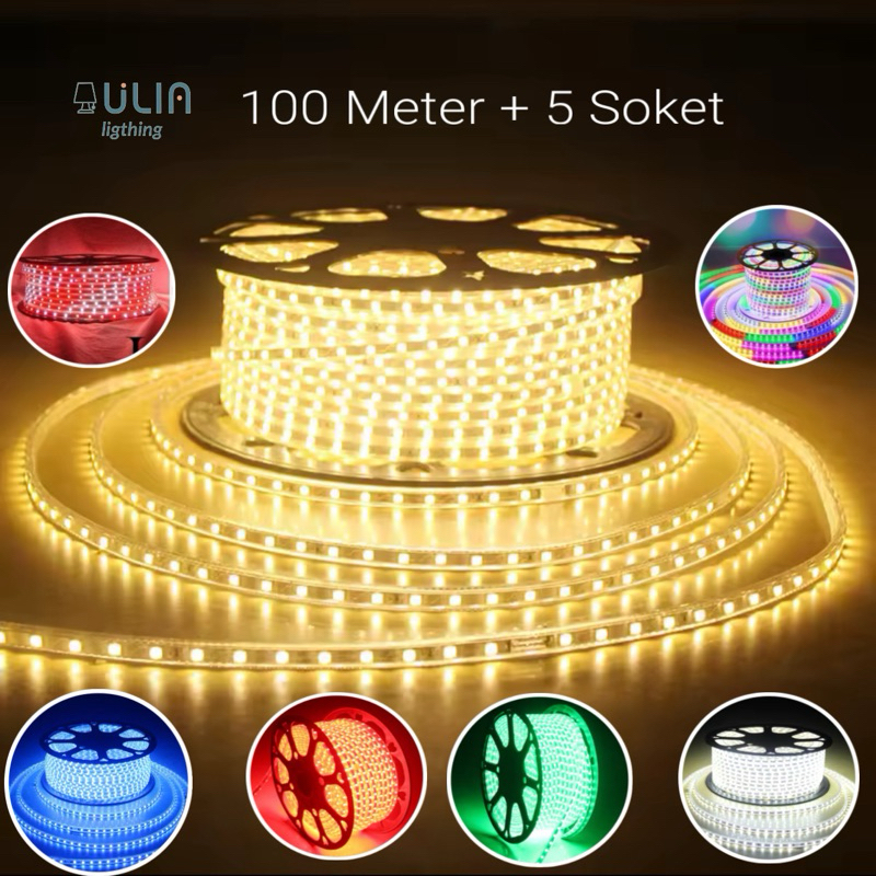 LAMPU LED SELANG 50M 100M STRIP 220V KOTAK 5050 METER HIAS PLAFON 100 Meter RGB Merah Putih Biru