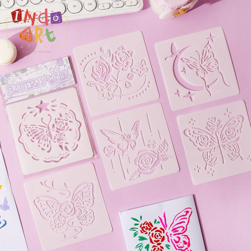 

(IAS) 6 pcs Cetakan PET Plastik Stencil Set Stensil Butterfly Craft Lukisan Motif Tribal Abstrak Cake Flower Rose Retro Building Vintage