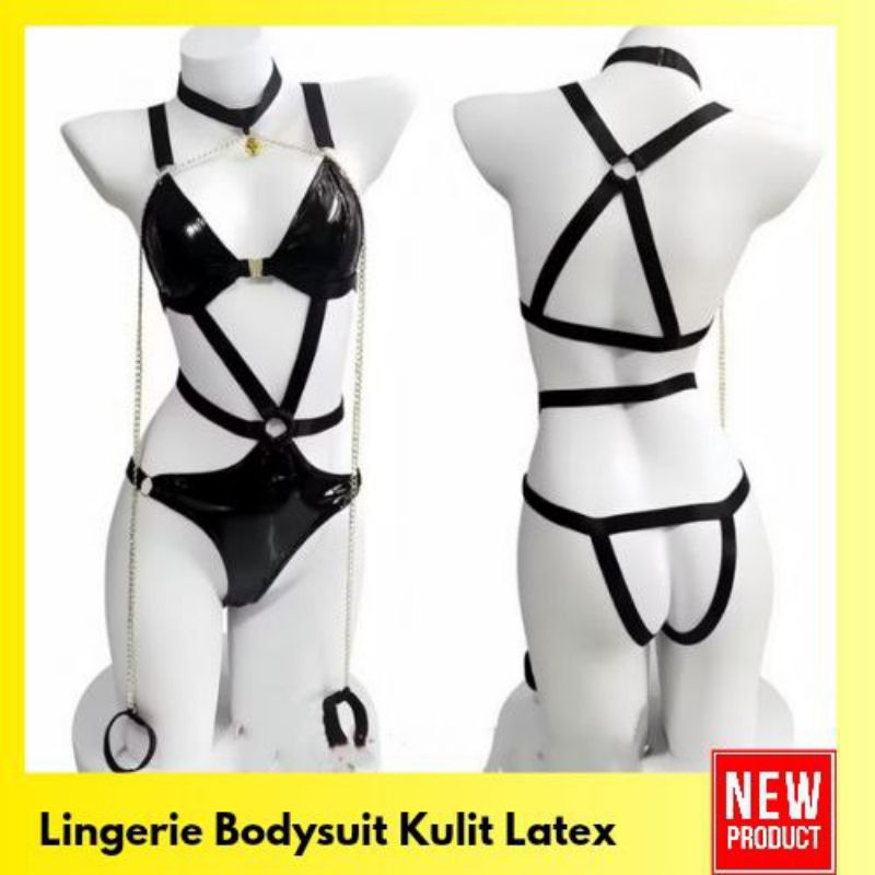 Lingerie Bodysuit Kulit Latex + Aksesoris Import