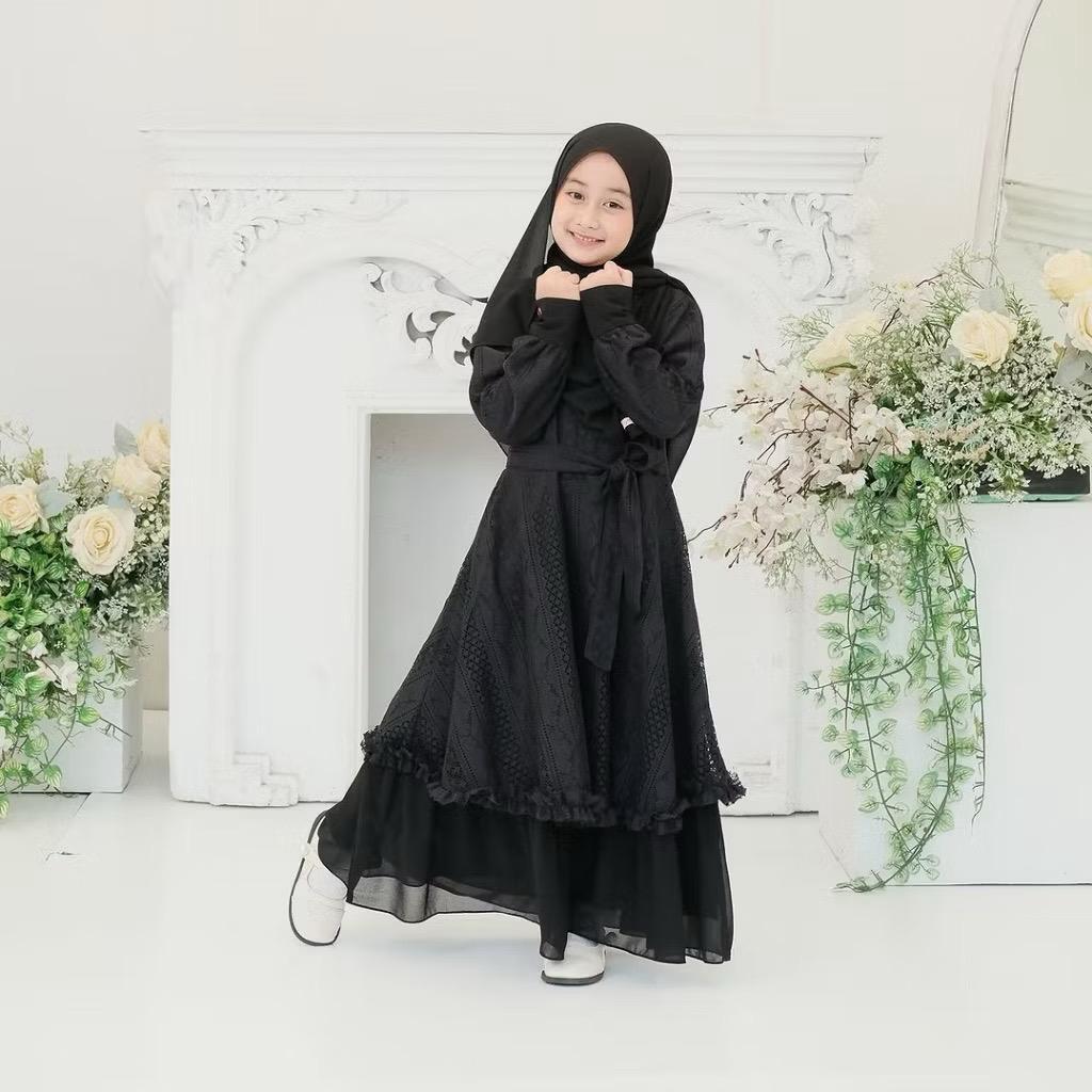 Gamis set baju anak remaja muslim polos wanita syari dress kekinian 12 tahun lebaran