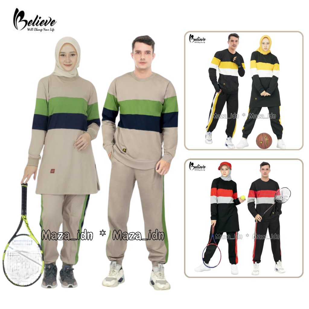 Couple Setelan Baju Olahraga Pria Wanita Muslimah Believe BMS 35 & 36 Terbaru