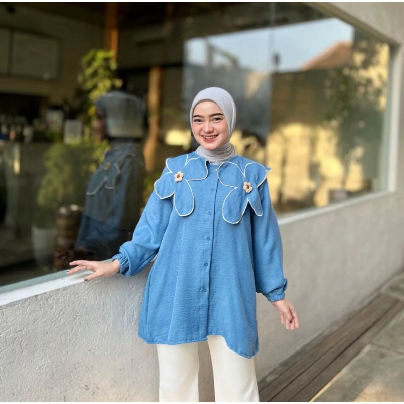 MARISCA Blouse | Blouse Linen Bordir Bunga Daisy - Baju Korean style - atasan fashion muslim