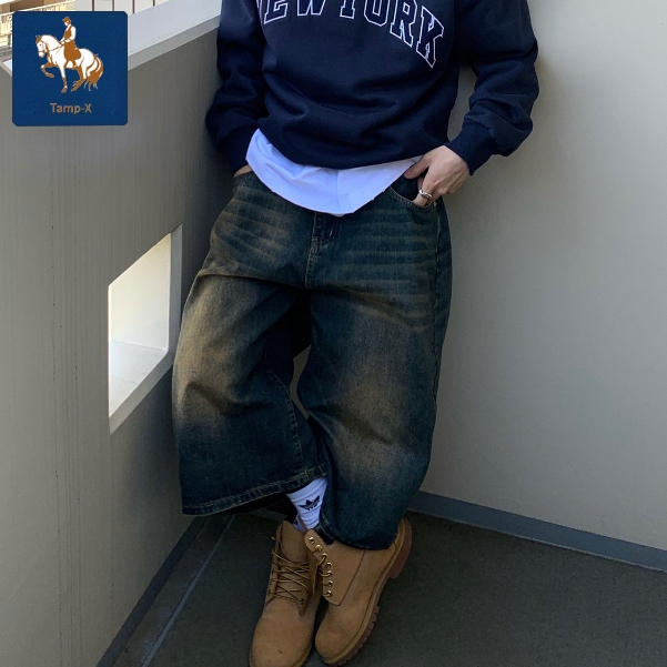 Tamp-X Oversize Vintage Celana Jeans Pria Gombrong Skena Kulot Jumbo Loose Jeans Korean Style Retro 