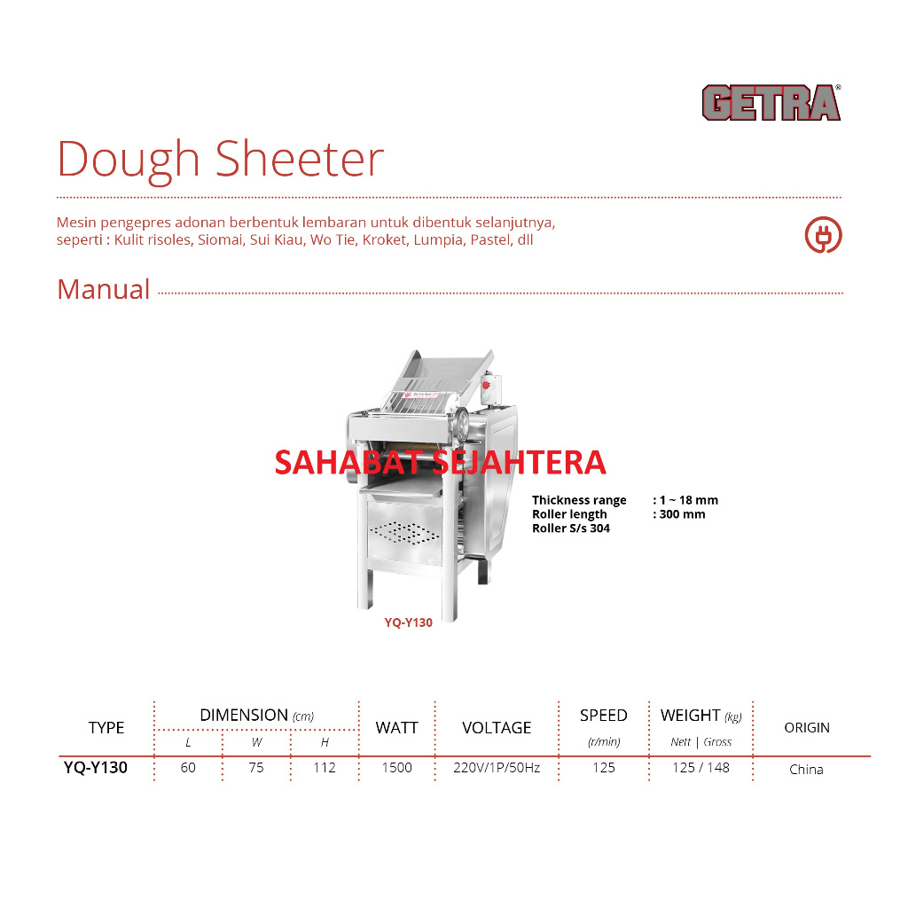 GETRA Manual Dough Sheeter Stainless Steel YQ-Y130 - Mesin Giling Adonan Roti, Pizza, Puff Pastry