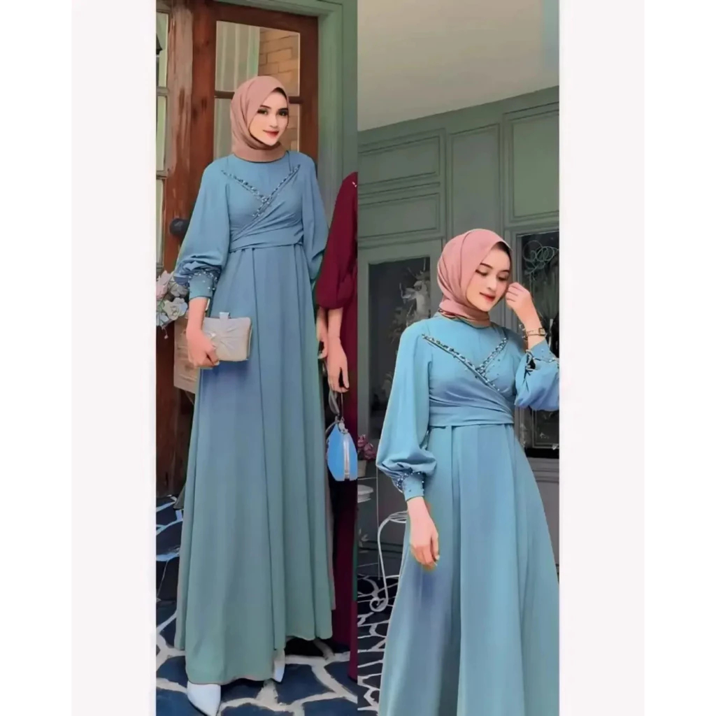 Baju Gamis Wanita Kekinian Rafifah Dress AF Bahan Ceruty Babydoll Aplikasi Mutiara Size M L XL XXL X