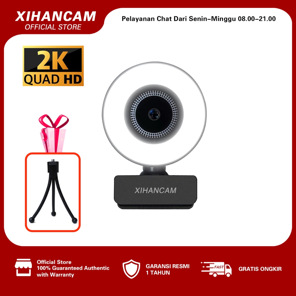 XIHANCAM Webcam Laptop 2K 4MP Ring Light USB Kamera Webcam PC Live Streaming With Mic Untuk Zoom