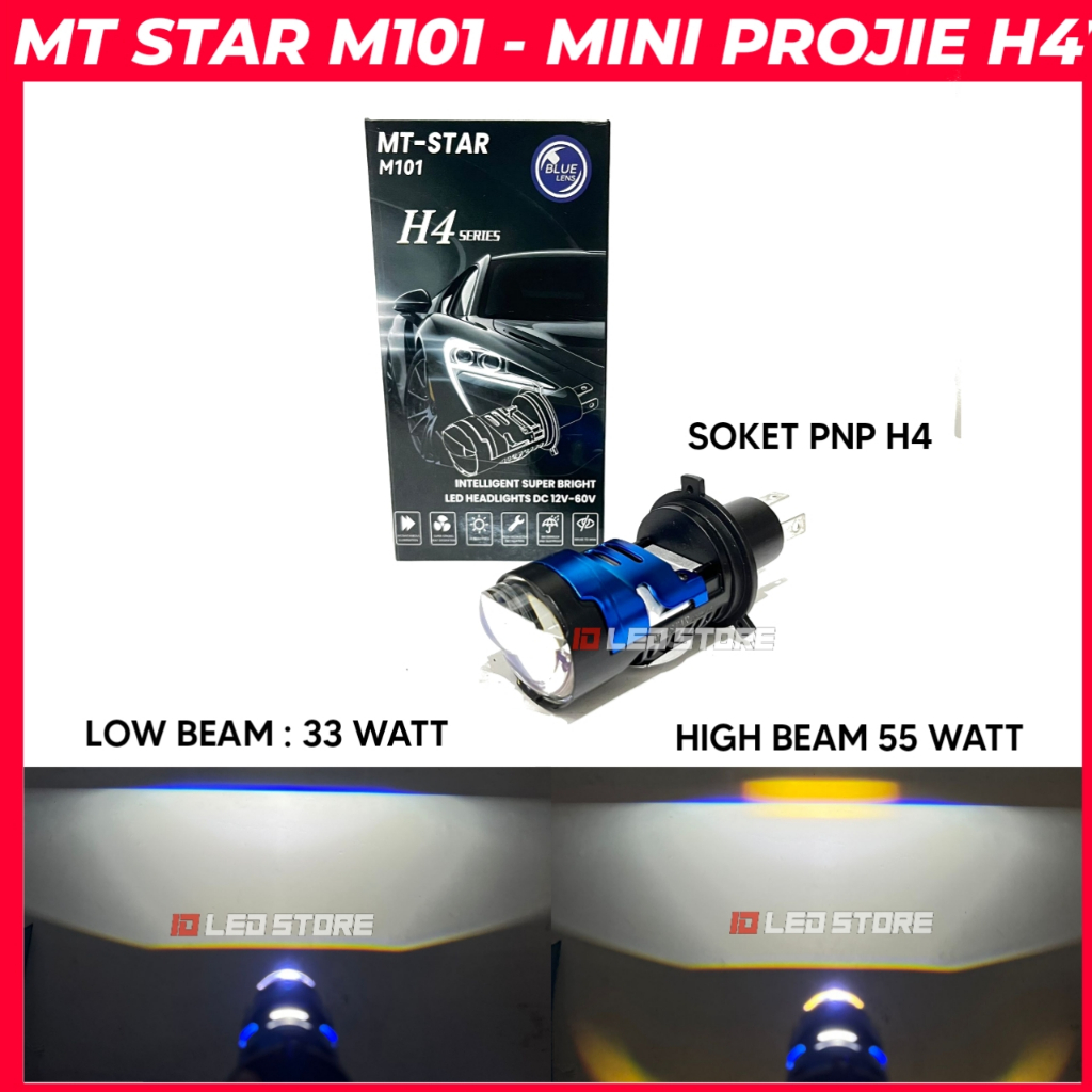 MT STAR M101 H4 Lampu Projector H4 Mini Projie PNP H4 Blue Lens Motor Mobil Universal Mini Projector