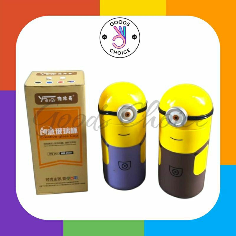 TERMOS KACA MINION 350ml / BOTOL AIR MINI KARAKTER/BOTOL KACA KECIL/TERMOS MINI LUCU / TERMOS KECIL 