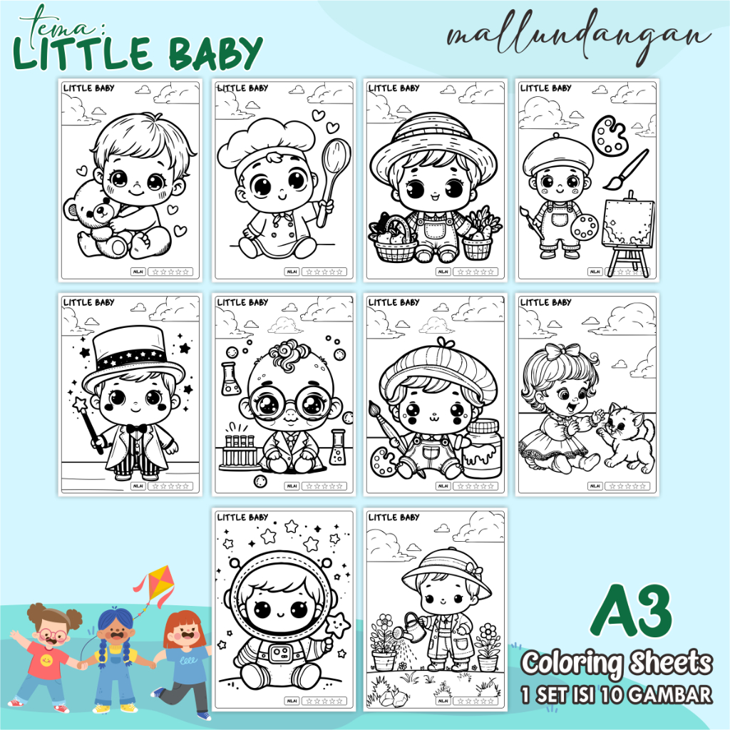 

LEMBARAN MEWARNAI ANAK A3 - TEMA LITTLE BABBY - PAPER COLORING SHEETS FOR KIDS