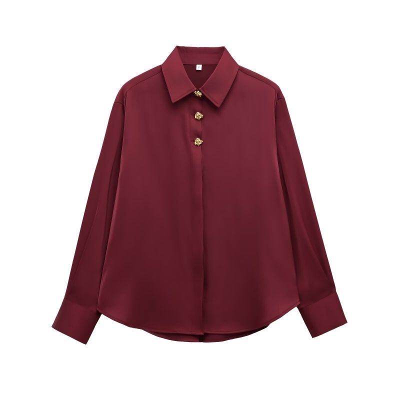 Bhusana Castle 77433 maroon gold buttons long sleeve satin silk shirt blouse / blouse wanita