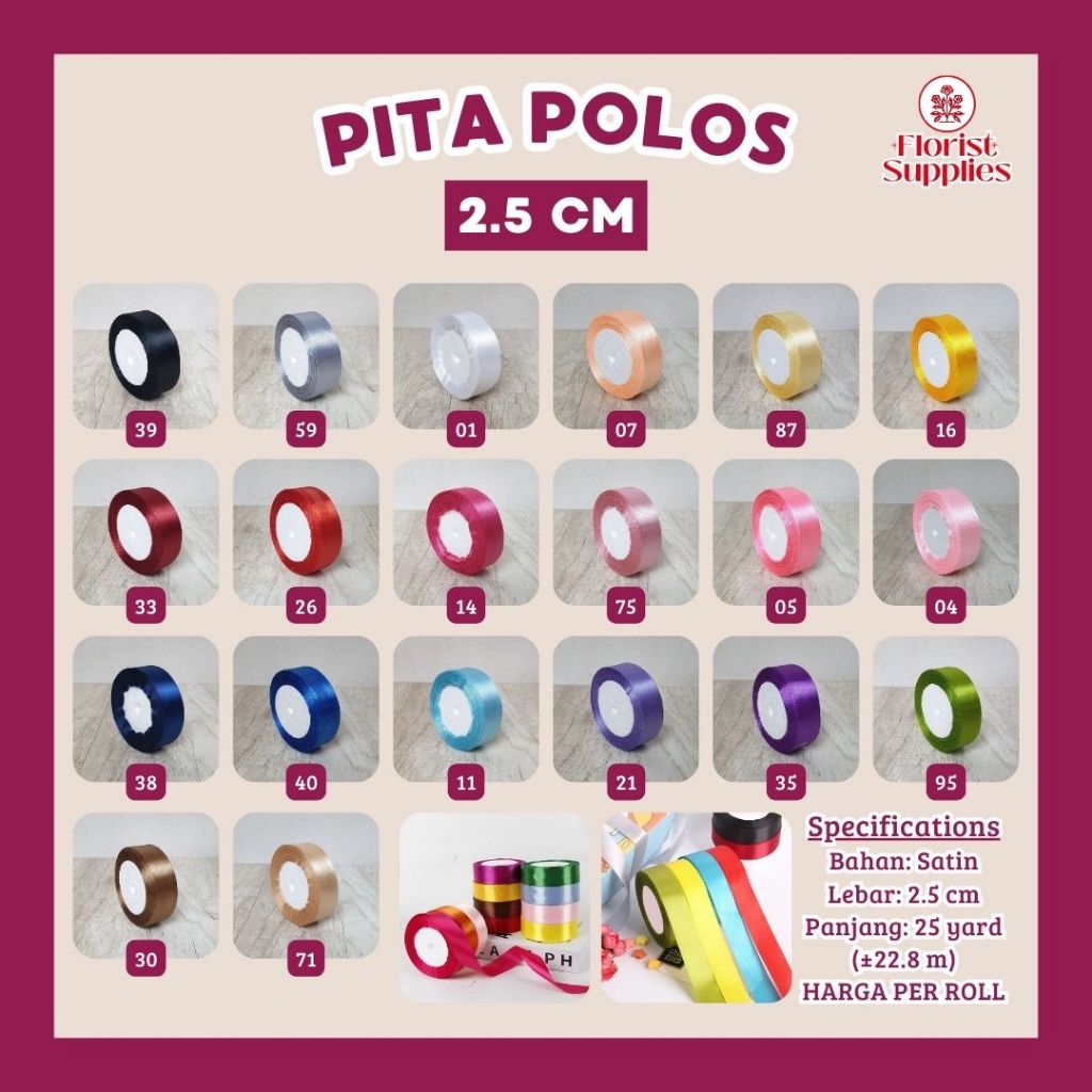 

[PER ROLL] - Pita Satin Polos 2.5 CM Sateen Silk Ribbon Pita Kado Aksesoris Hiasan Buket Bunga