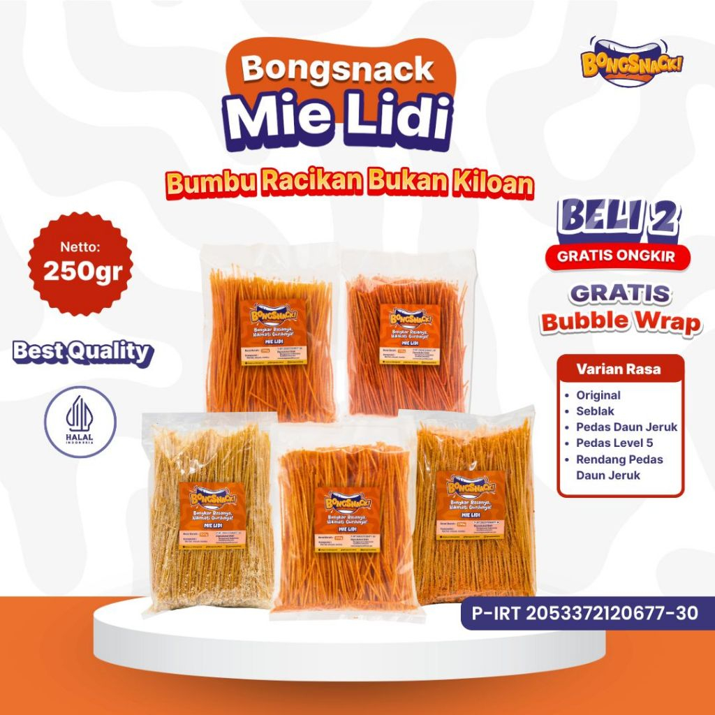

BONGSNACK Cemilan Mie Lidi- Isi 250gr Varian Rasa Cemilan Enak Lidi Lidian