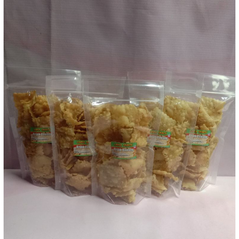 

Kripik bawang/Kue bawang kemasan standing pouch, rasa original daun seledri dan balado