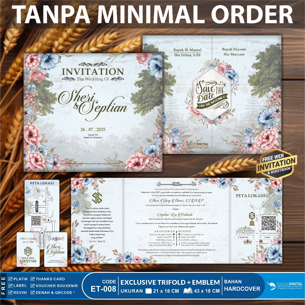 ET008 | Undangan Pernikahan Hardcover Aesthetic  Tema Garden Biru  + Emblem | Tanpa Minimal Order