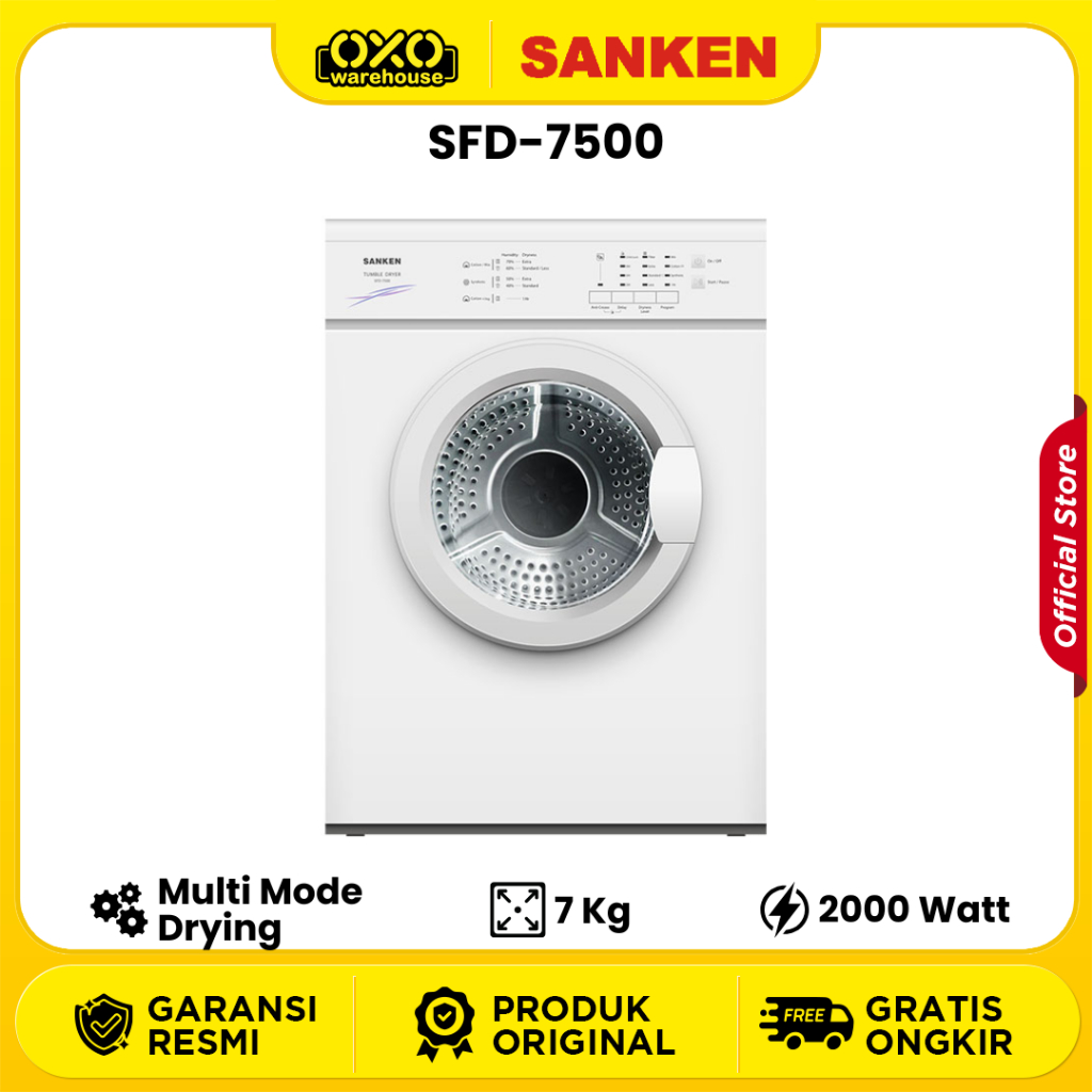 SANKEN Dryer Machine SFD-7500 Mesin Pengering Pakaian Kapasitas 7 Kg Anti Bed Bugs Garansi Resmi