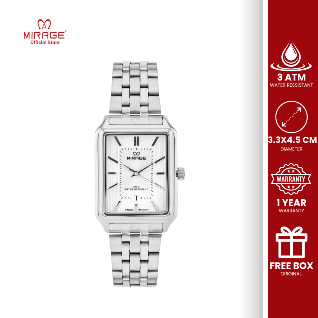 Mirage Jam Tangan Pria Kasual Formal Analog Segi Silver Stainless Steel Anti Air Original 8835 M