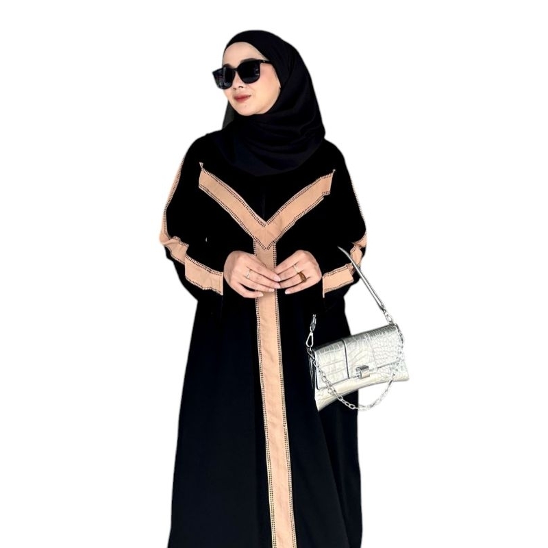 ABAYA ALMIRA BLINK SWAROVSKY BAHAN JETBLACK KOMBINASI WOLPEACH COKSU S M L XL XXL