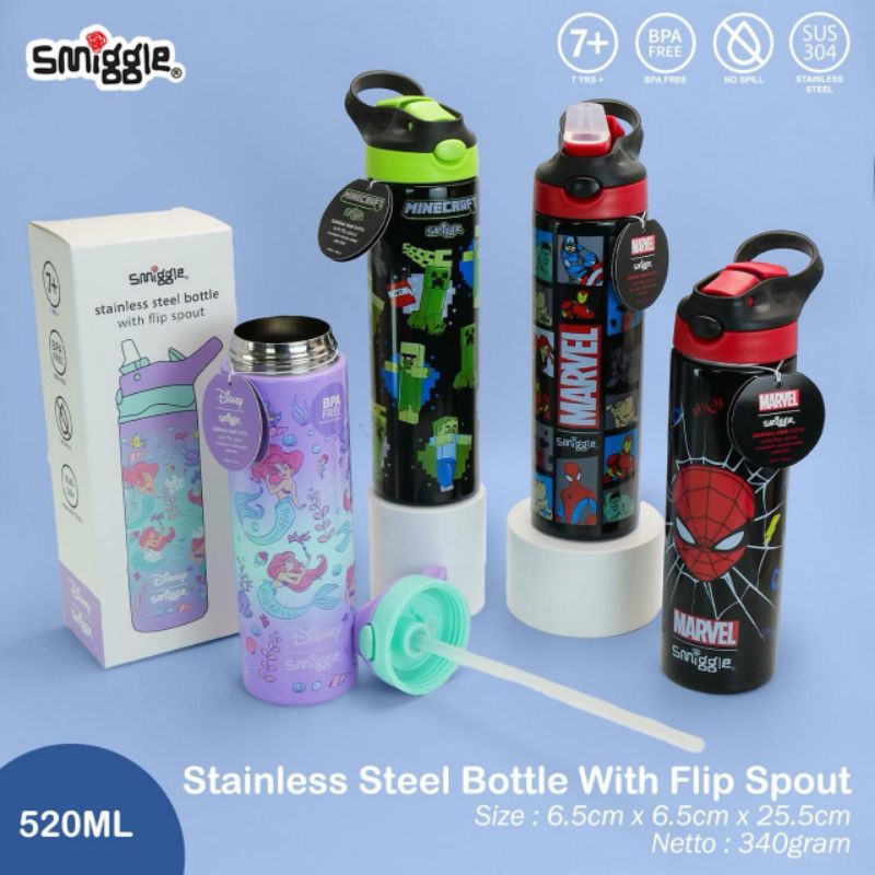 Botol Smiggle Stainless 520ml Mermaid Minecraft Spiderman Marvel Smiggle Elsa Frozen Stitch