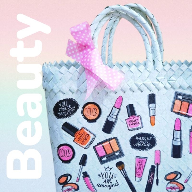 

Souvenir ultah anak unik Tas hamper anyaman plastik decoupage girly series