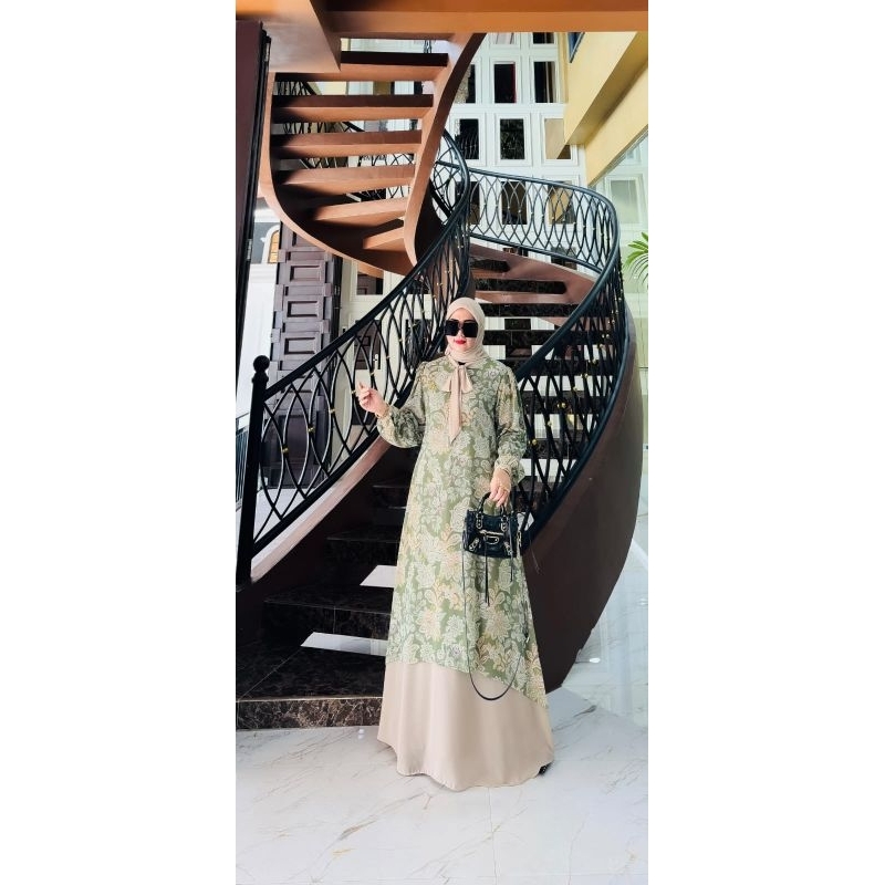 Gamis Azura Set Jilbab motif bunga hijau / COD