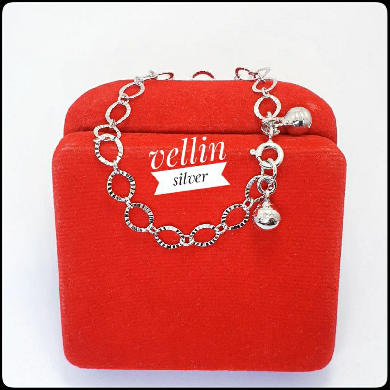 Gelang Tangan Rantai Nori Oval Ukir Perak 925 Lapis Emas Putih - Perhiasan Gelang Wanita Silver Ori