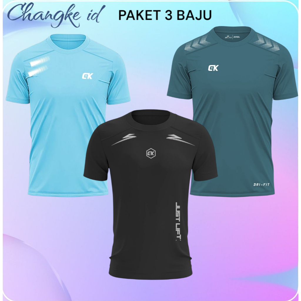 PAKET 3 BAJU New Atasan Lengan Pendek / Atasan Pria / Kaos Running / Baju Voli / Kaos Gym Pria / Kao