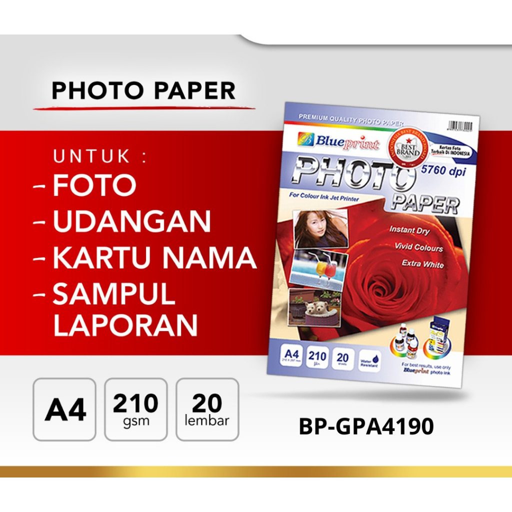 

BP-GPA4190 Kertas Foto A4 BLUEPRINT Glossy Photo Paper 210 Micron A4 - 20 Lembar