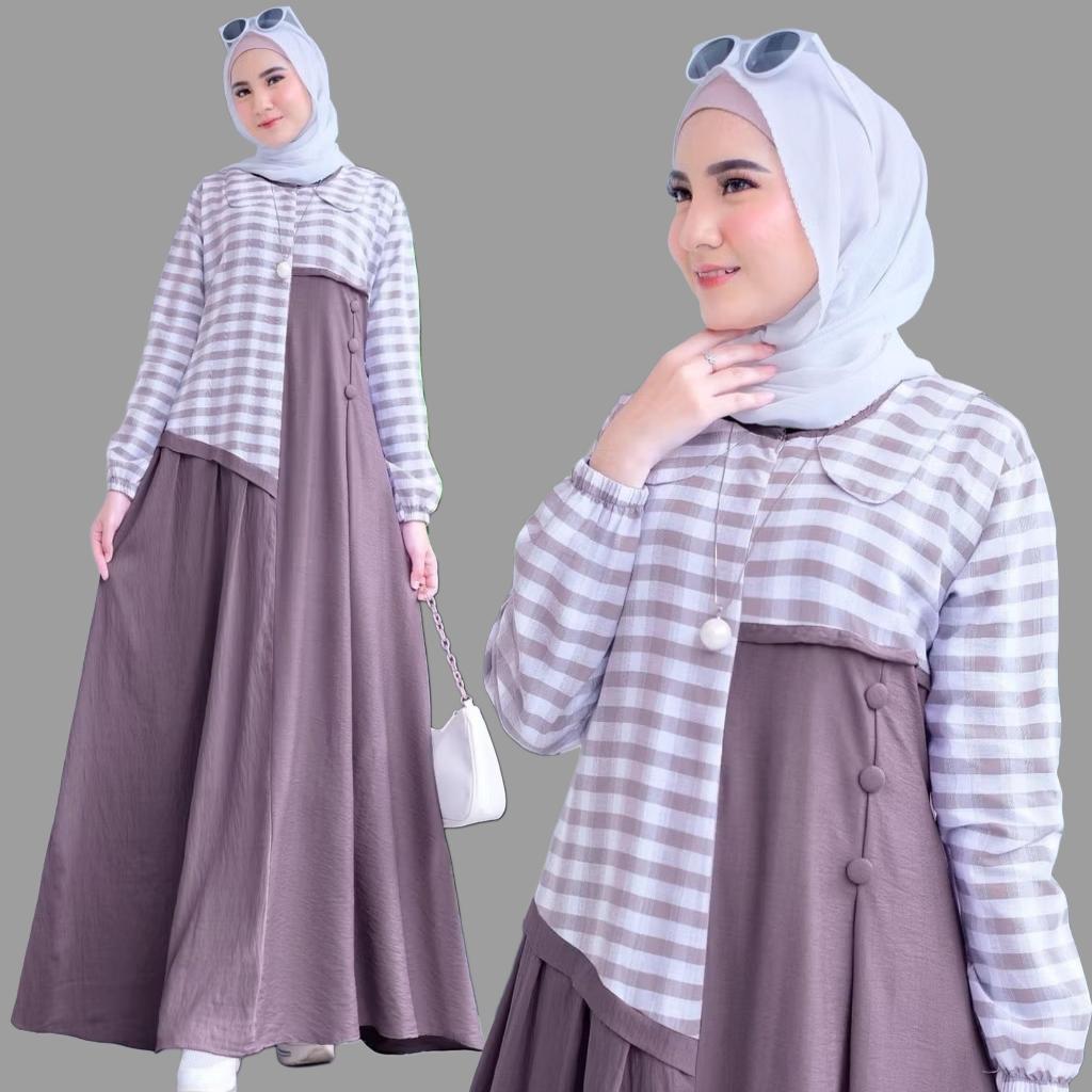 Gamis Kombinasi Kotak x Salur Dress Gamis Wanita Busui Frendly Terbaru Bahan Katun Premium Gaun Wani