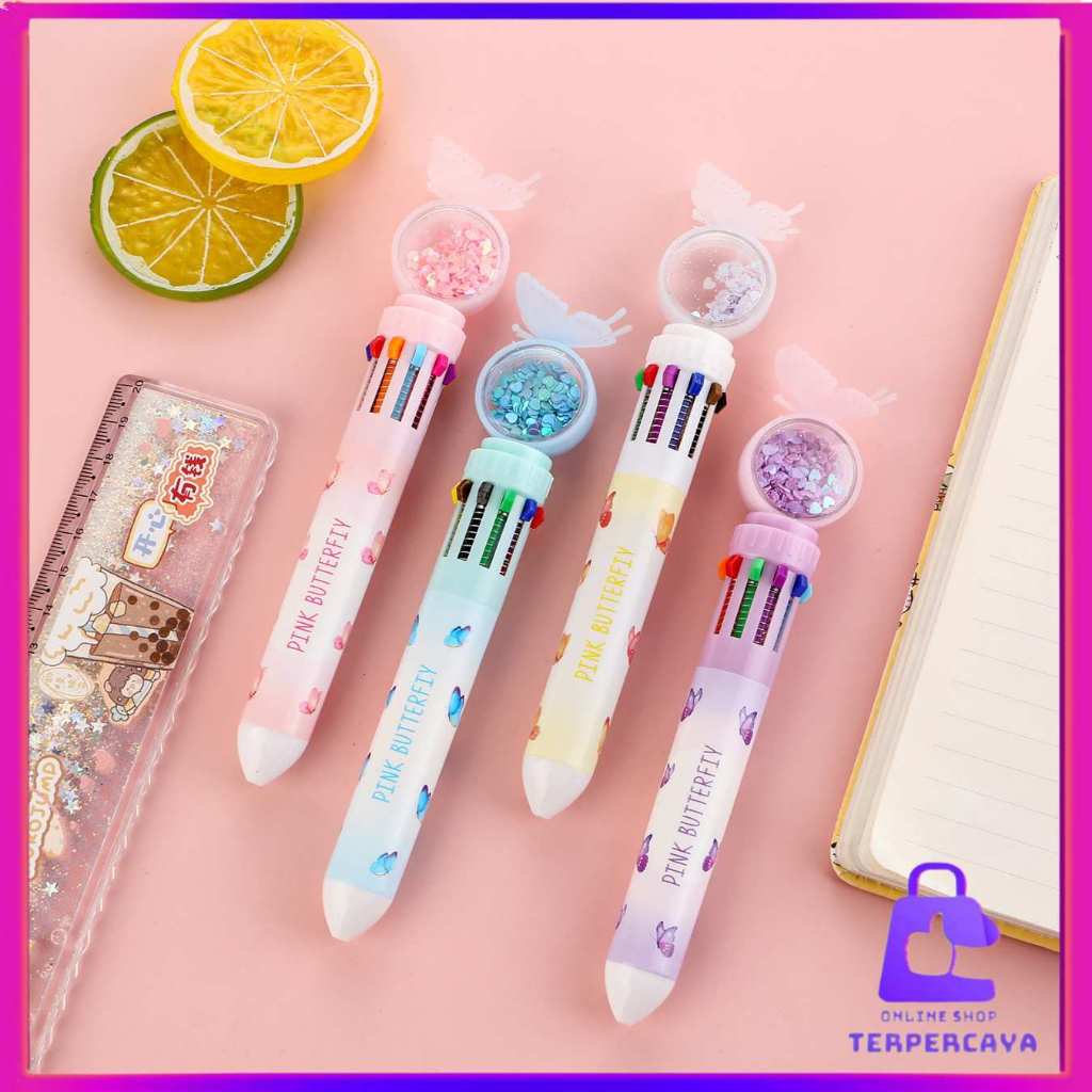 

OST Pulpen Gliter Motif Kupu-Kupu Pulpen 10 Warna Aesthetic Pena Ballpoint Karakter Lucu