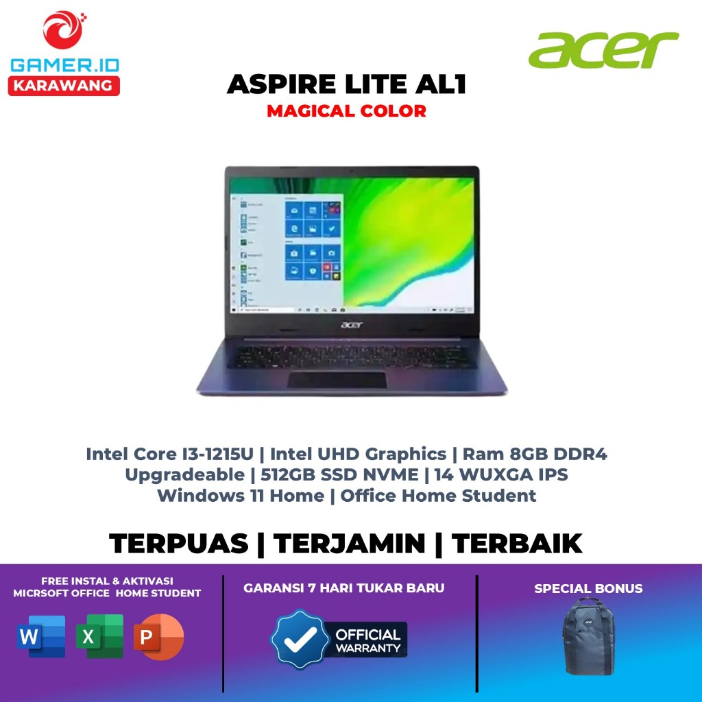 Acer Aspire Lite AL1 Magical Color Intel i3 1215 8GB 512GB Win 11 OHS 14.0 inch Wuxga IPS