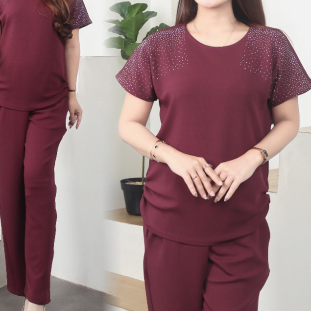 Al Arsy - Setelan Wanita Knit Premium - One Set Knit Rib - Baju Set Celana Burgundy Outfit