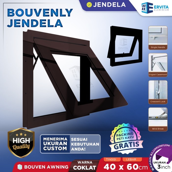 Kusen Jendela Aluminium - Bouvenly Awning - Ukuran 40 x 60 cm - Coklat