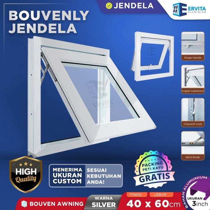 Kusen Jendela Aluminium - Bouvenly Awning - Ukuran 40 x 60 cm - Silver