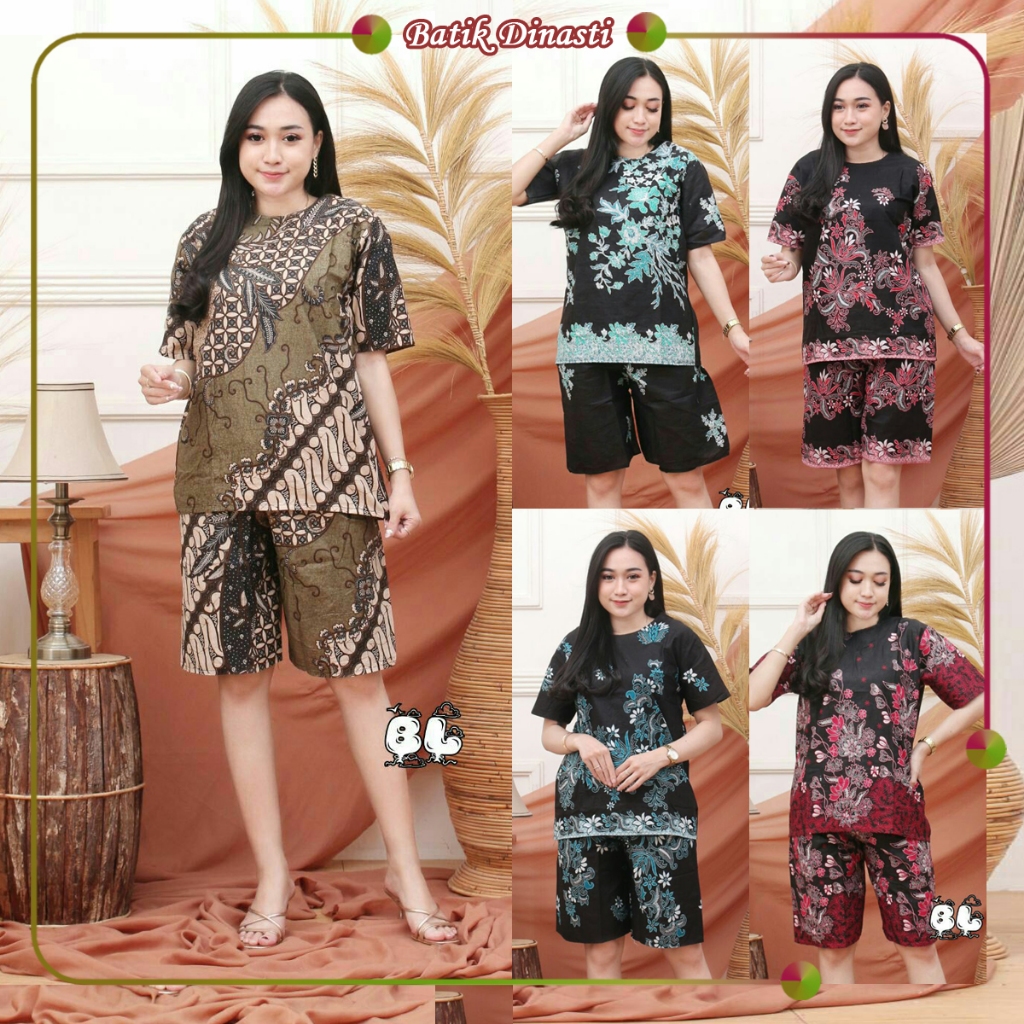 Blus Celana - BATIK BLOUSE & CELANA SETELAN - Setelan batik lengan pendek jumbo - Motif Mawar Merah 