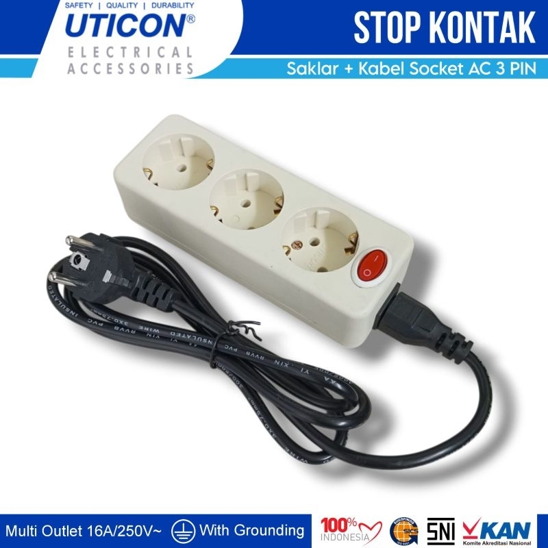 UTICON Stop Kontak Arde Saklar dengan Kabel Socket AC 3 PIN Grounding
