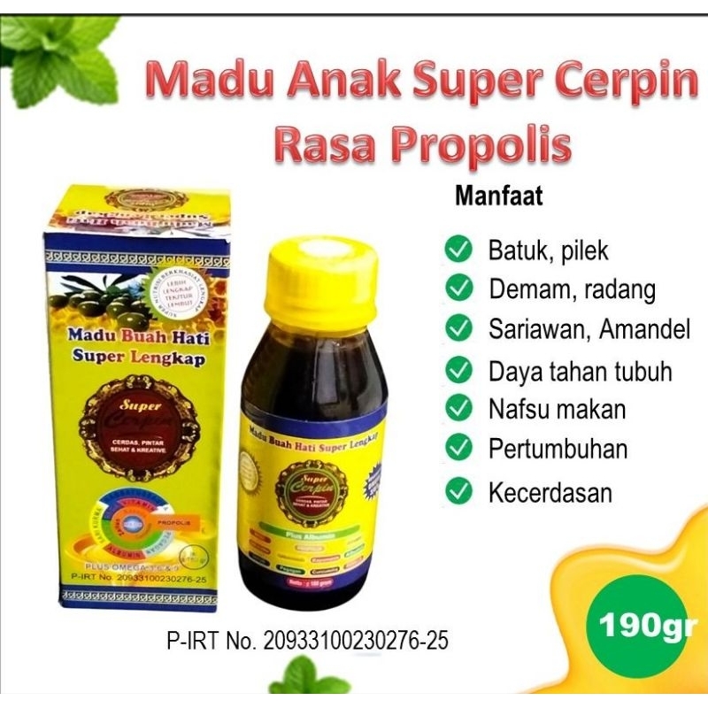 

MADU ANAK SUPER CERPIN, Madu nafsu makan anak, madu kecerdasan dan pertumbuhan anak rasa propolis isi 190 gram